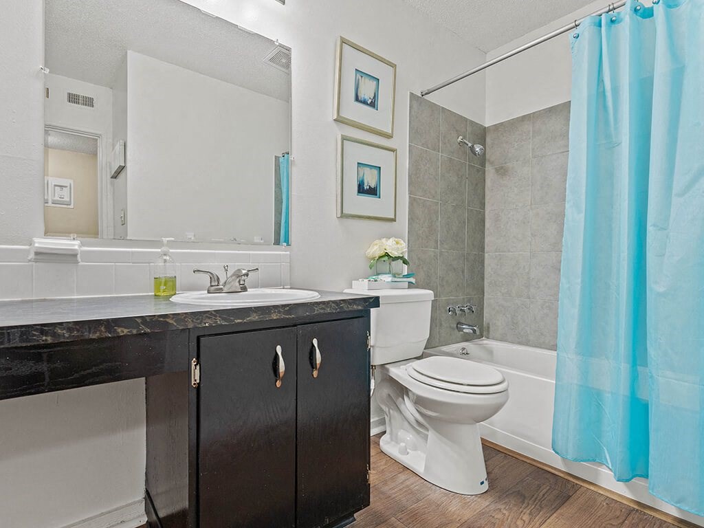 apartment bathroom with a toilet and a shower tub