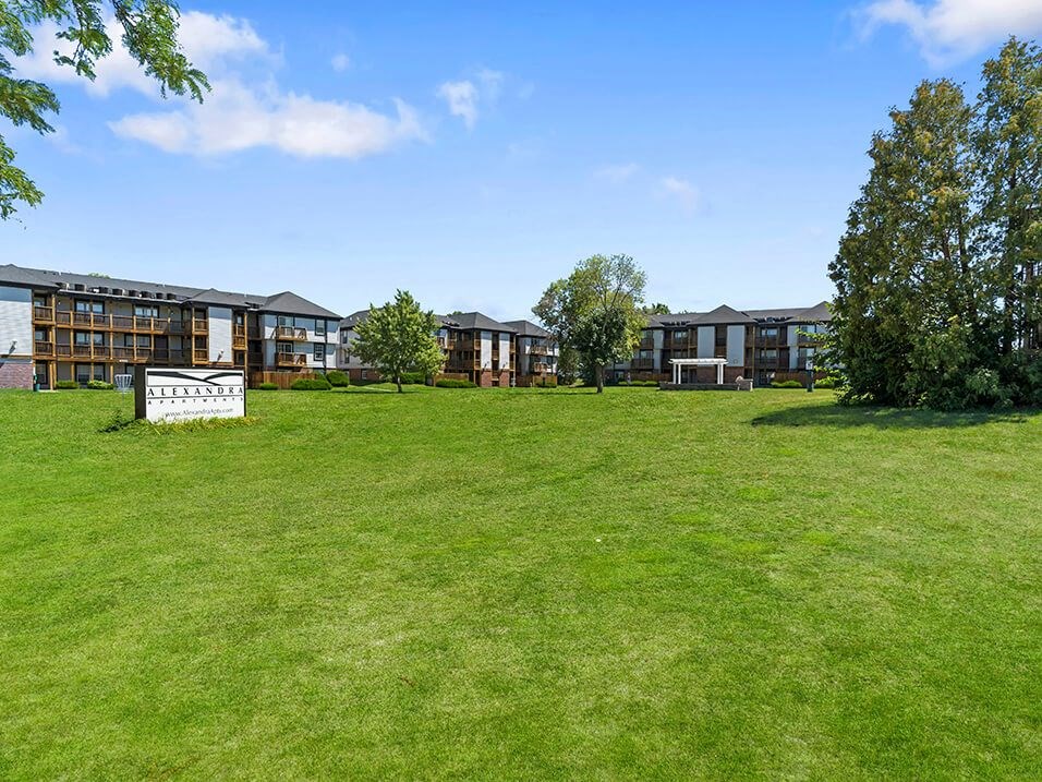 a grassy area with buildings in the background