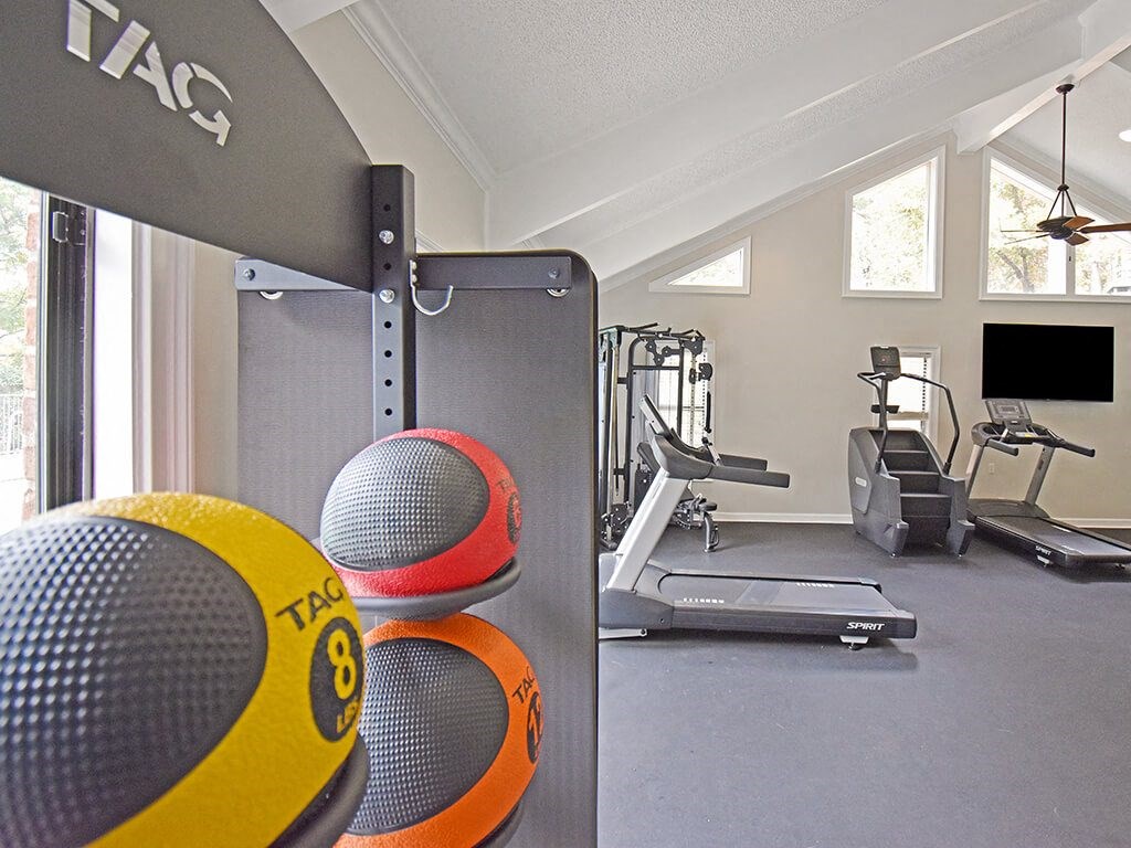 apartment fitness center with a TRAG wall mounted pull up bar