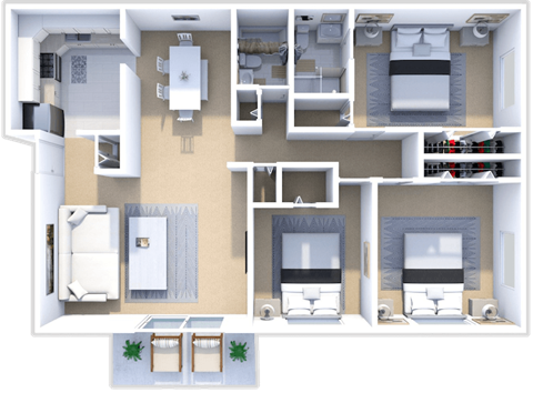 three bed two bath floor plan at castle pointe