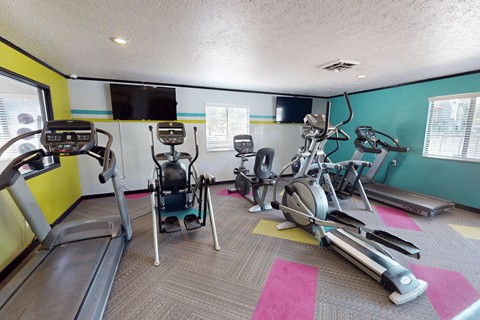 A gym with treadmills, elliptical machines, and exercise bikes.