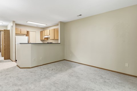 A large empty room with a kitchen area in the background.