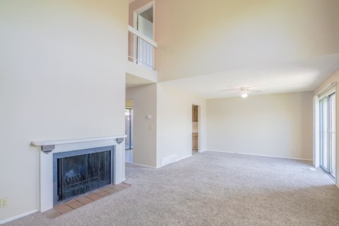 A living room with a fireplace and a carpet.