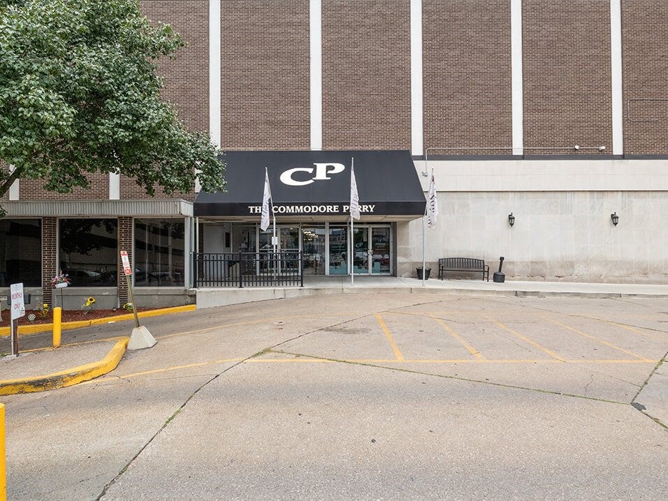 a parking lot in front of a building