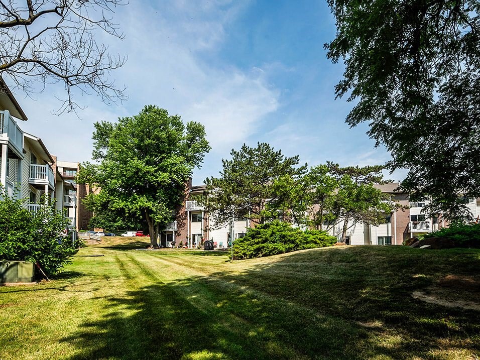a grassy area with trees and apartments