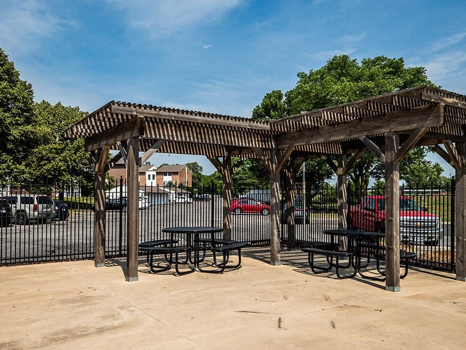 a picnic shelter with tables