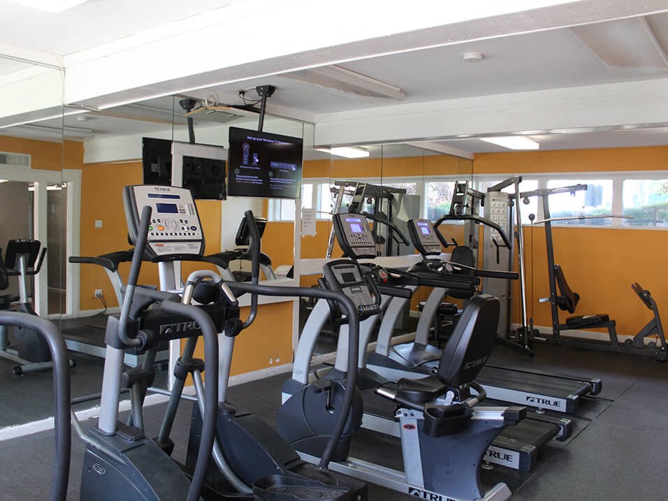 a room filled with lots of cardio equipment and weights