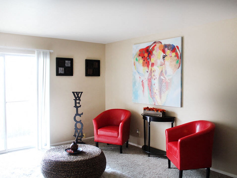 a living room with balcony