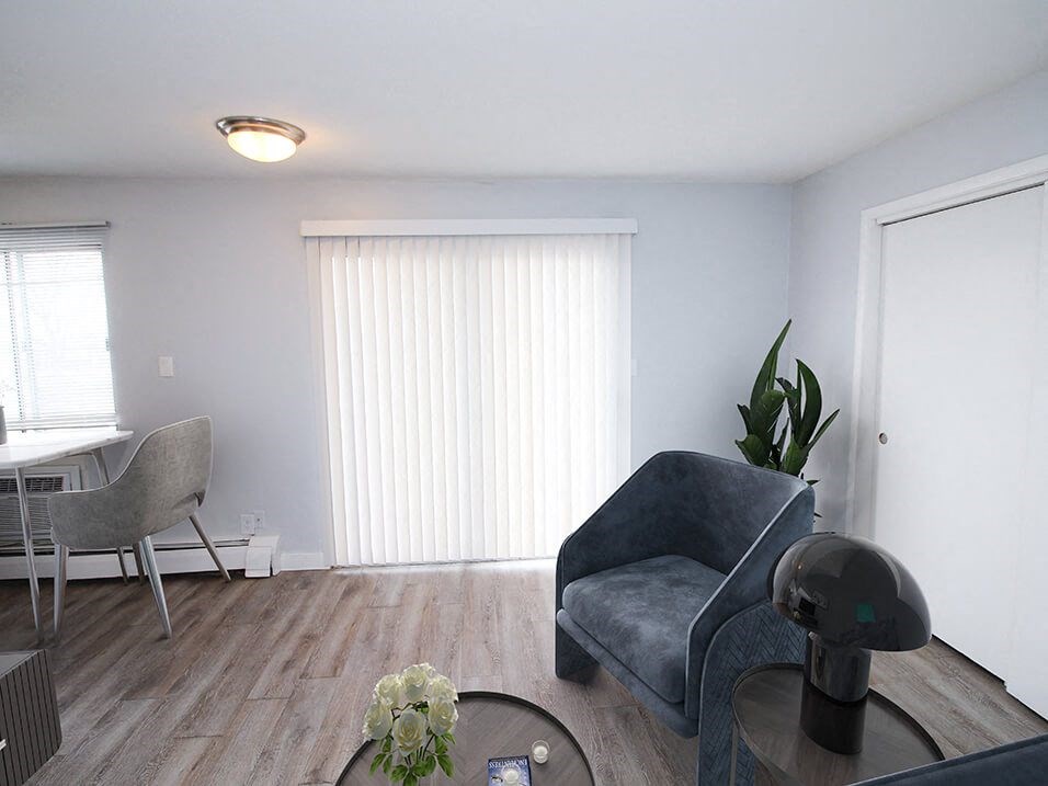 apartment living room with window coverings