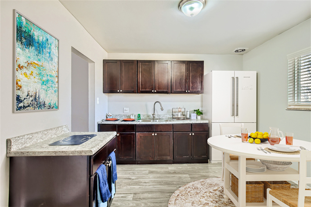 Kitchen and dining area with updated kitchen