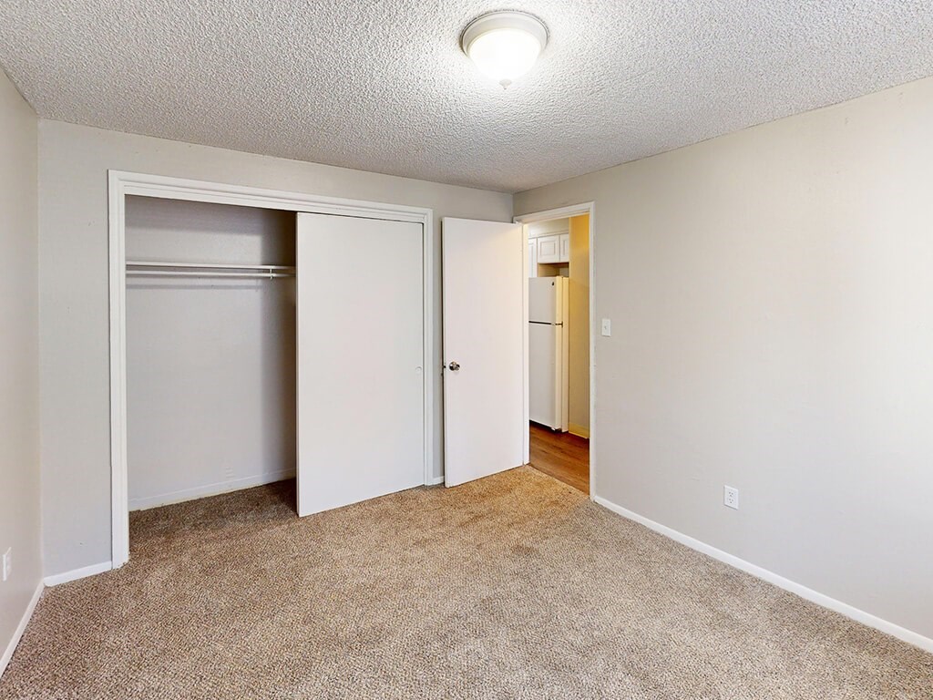 A room with a carpeted floor and two white doors.