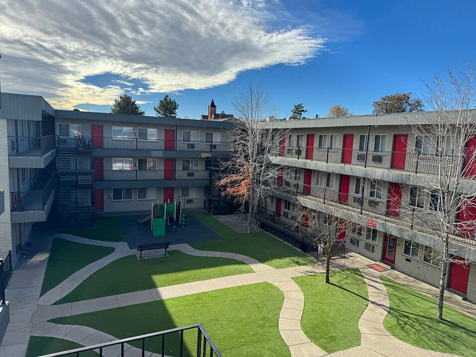 Outdoor space between buildings at south federal apartments in denver