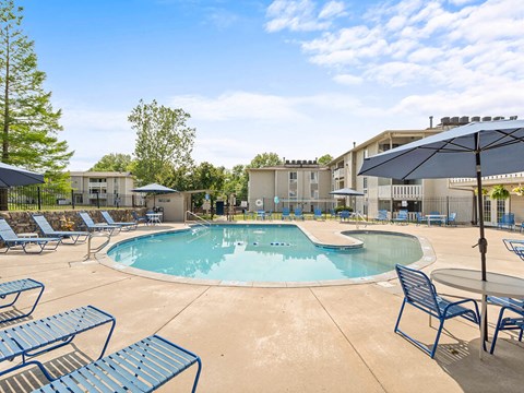 our apartments have a resort style pool and lounge chairs