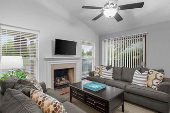 a living room with a couch and a tv and a fireplace
