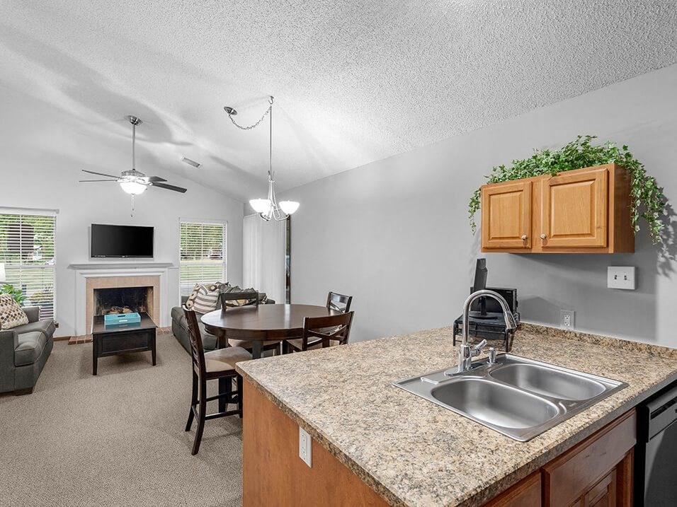 a kitchen with a sink and a counter top