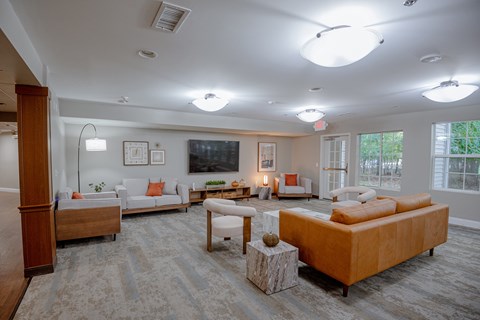 A living room with a large couch and a television.