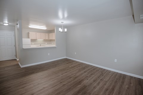 A room with wooden flooring and a white door.