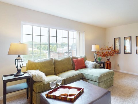 A living room with a green couch and a brown coffee table.