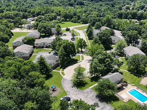 A bird's eye view of a residential area with houses, trees, a swimming pool, and a car.
