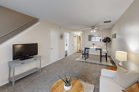 A living room with a television and a couch.