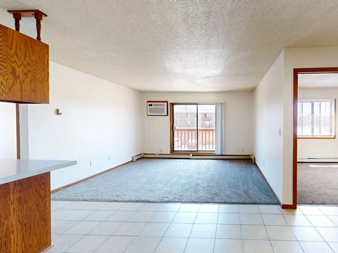 A room with a blue rug and a window with a view of a building outside.