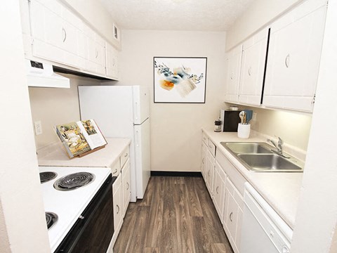 a kitchen with a stove sink and refrigerator