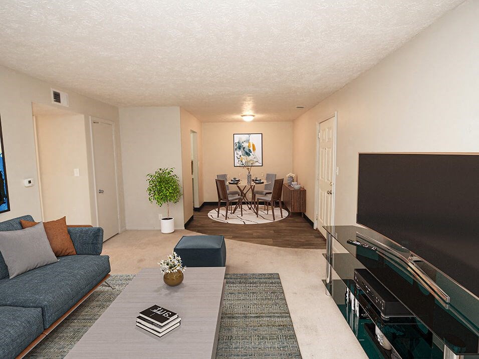 apartment living room with a couch a table and a tv
