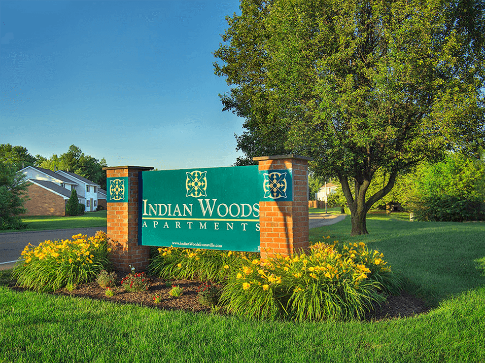 Sign outside of indian woods apartments in Evansville, IN