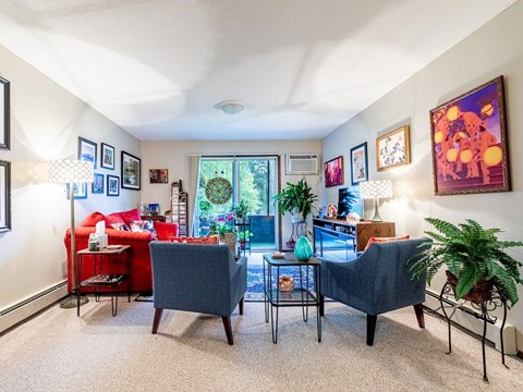 A living room with a grey couch, red couch, and a table with a vase on it.