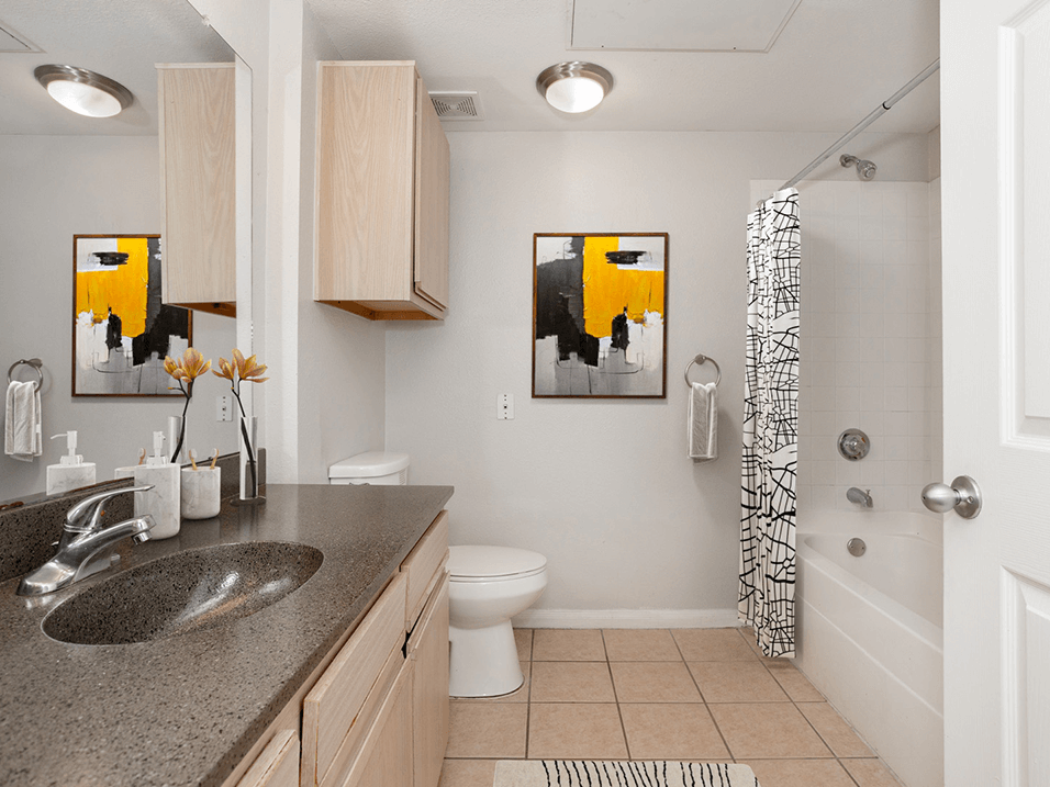 apartment bathroom with a shower tub