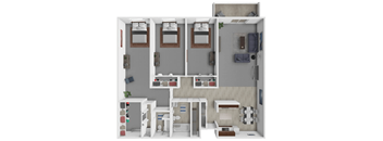 A 3D floor plan of a small apartment with two bedrooms, a living room, and a kitchen.