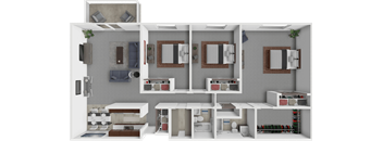 A 3D rendered image of a modern apartment layout.