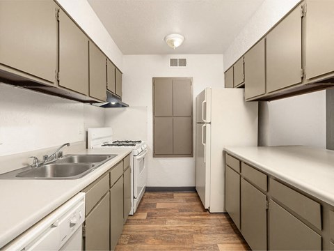 a kitchen with a sink and a refrigerator