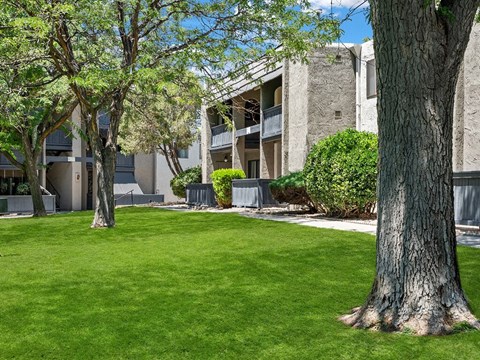 an apartment building with green grass and trees in front of it