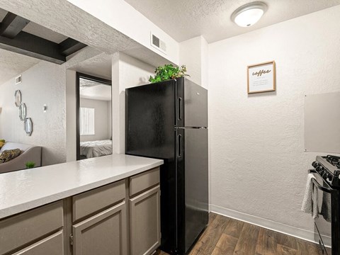 a kitchen with a refrigerator and a sink