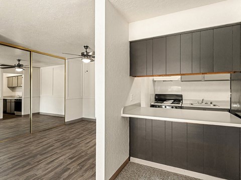 a kitchen and a living room with a mirrored door