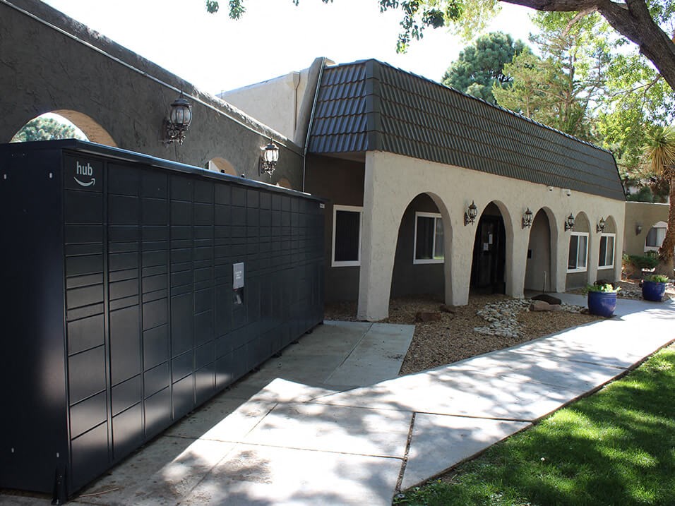 a house with a black garage door
