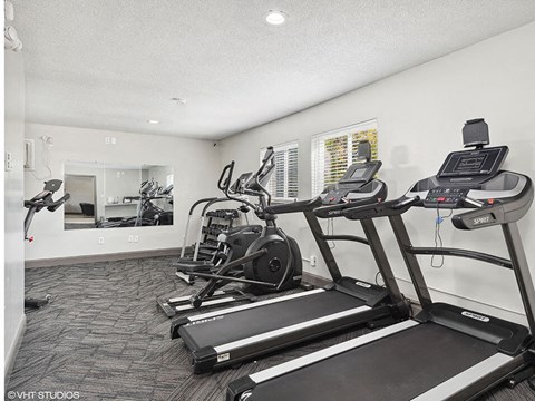 the gym in the home has cardio equipment and a large mirror