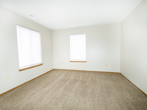 A room with carpeted floor and two windows.