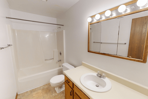 A bathroom with a toilet, sink, and mirror.