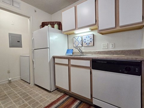 a kitchen with a refrigerator and a sink