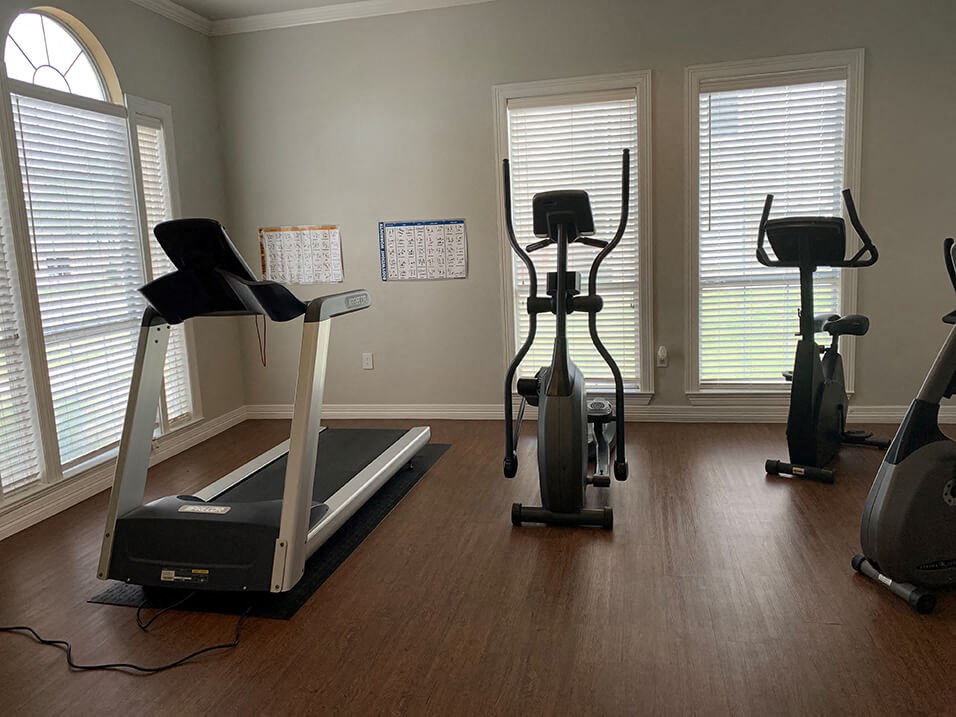 a home gym with a treadmill and exercise balls
