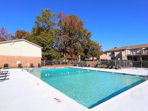 A large swimming pool surrounded by trees and buildings.