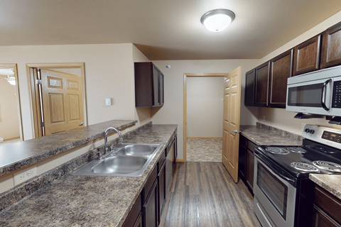 A kitchen with a stove, sink, and microwave.
