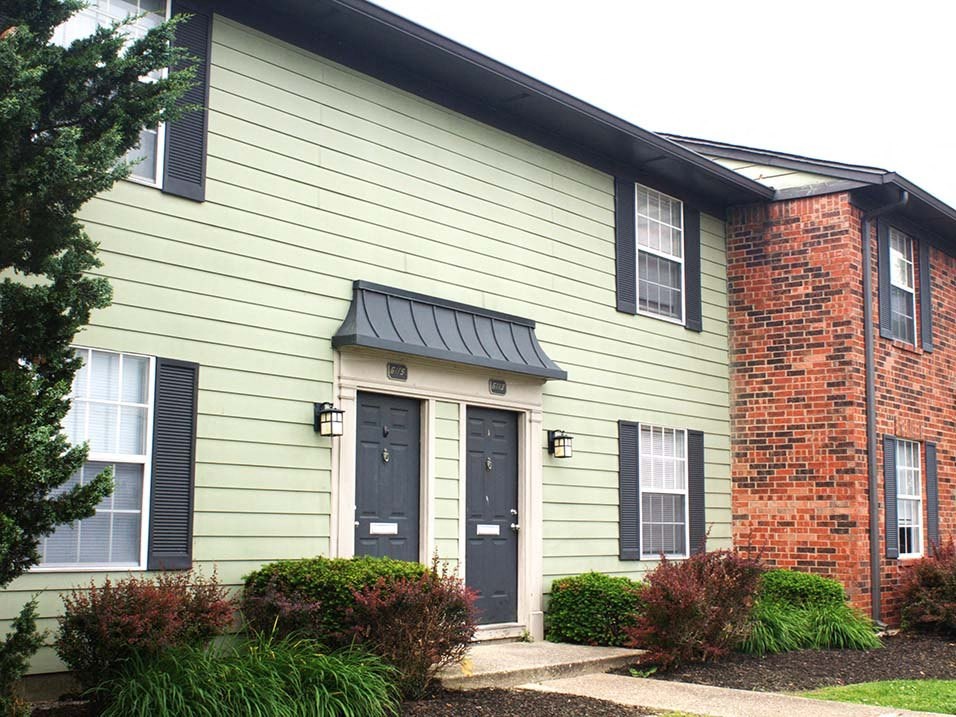 a green house with black doors and a red brick chimney
