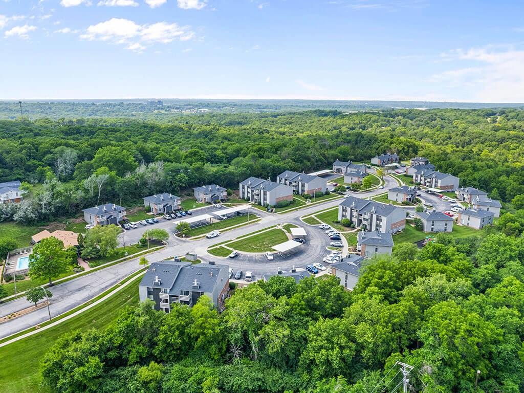 aerial view of an apartment neighborhood
