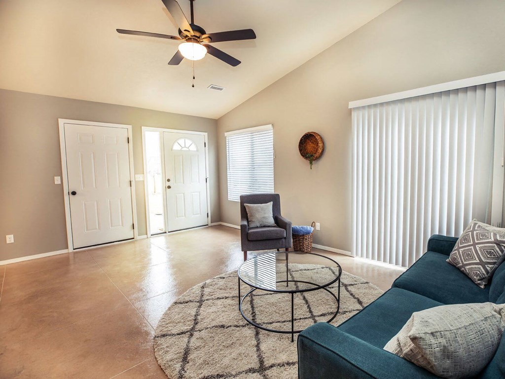 a living room with a couch and a coffee table