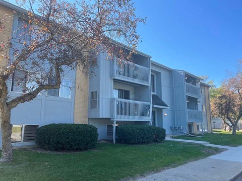 an apartment building with a sidewalk and a tree in front of it