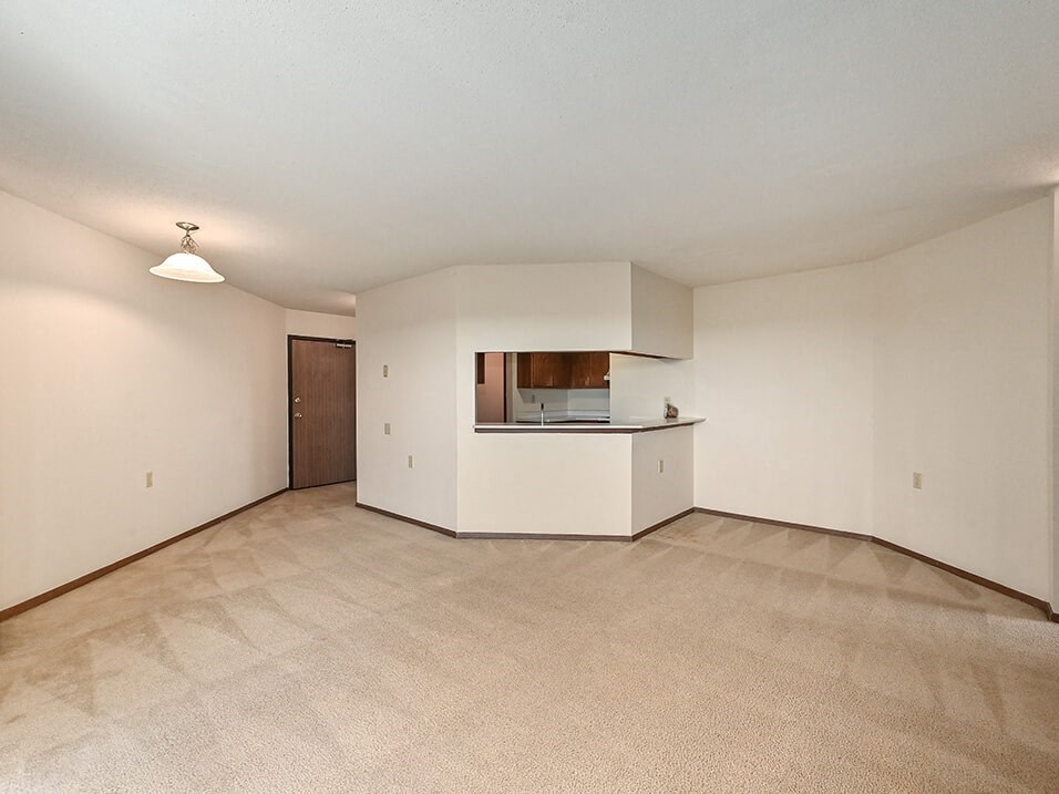 kitchen and dining area at rivers edge apartments