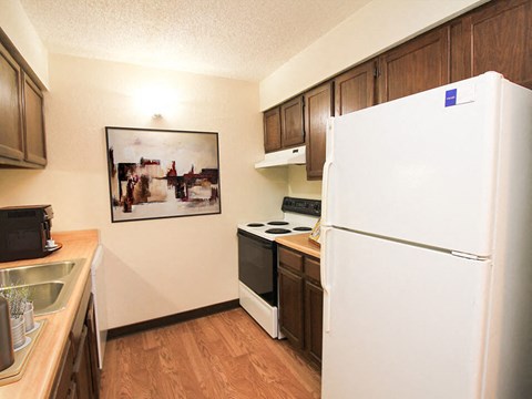 apartment kitchen with a refrigerator and stove top oven